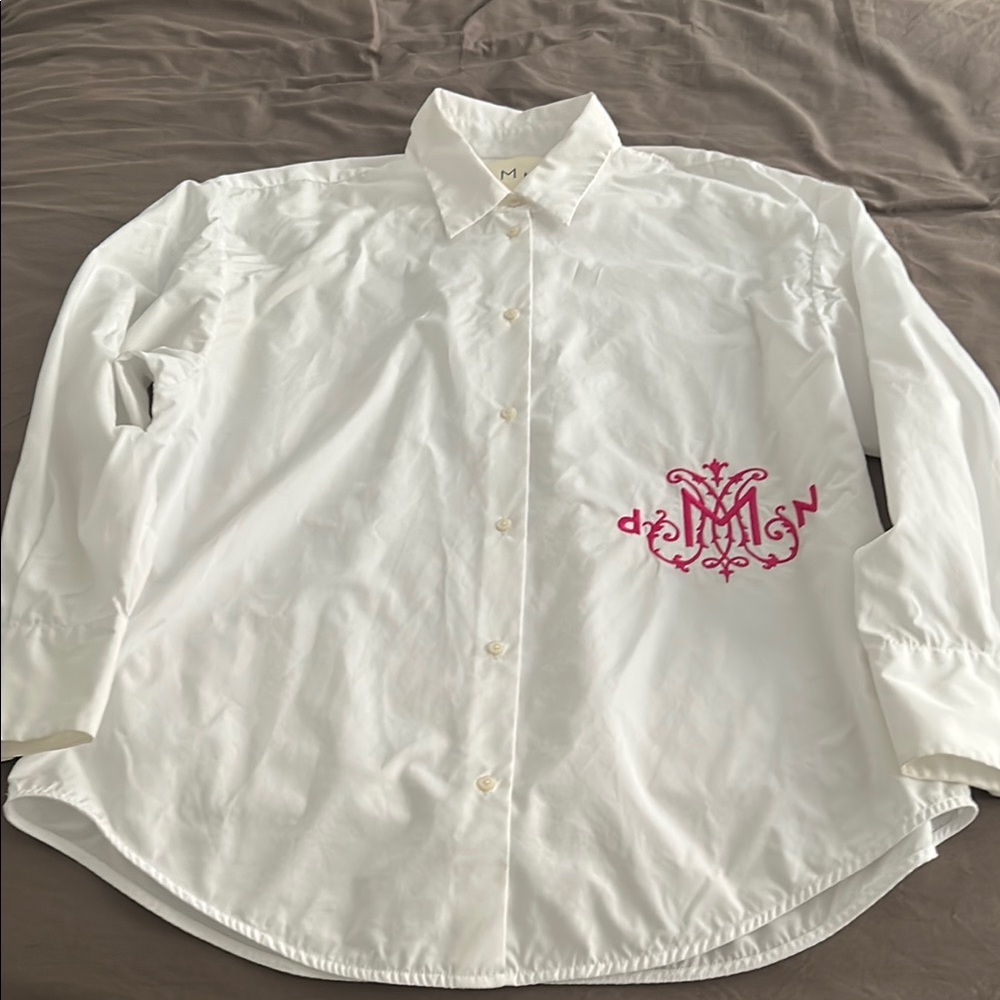 White and Pink Embroidered Blouse with Classic Collar